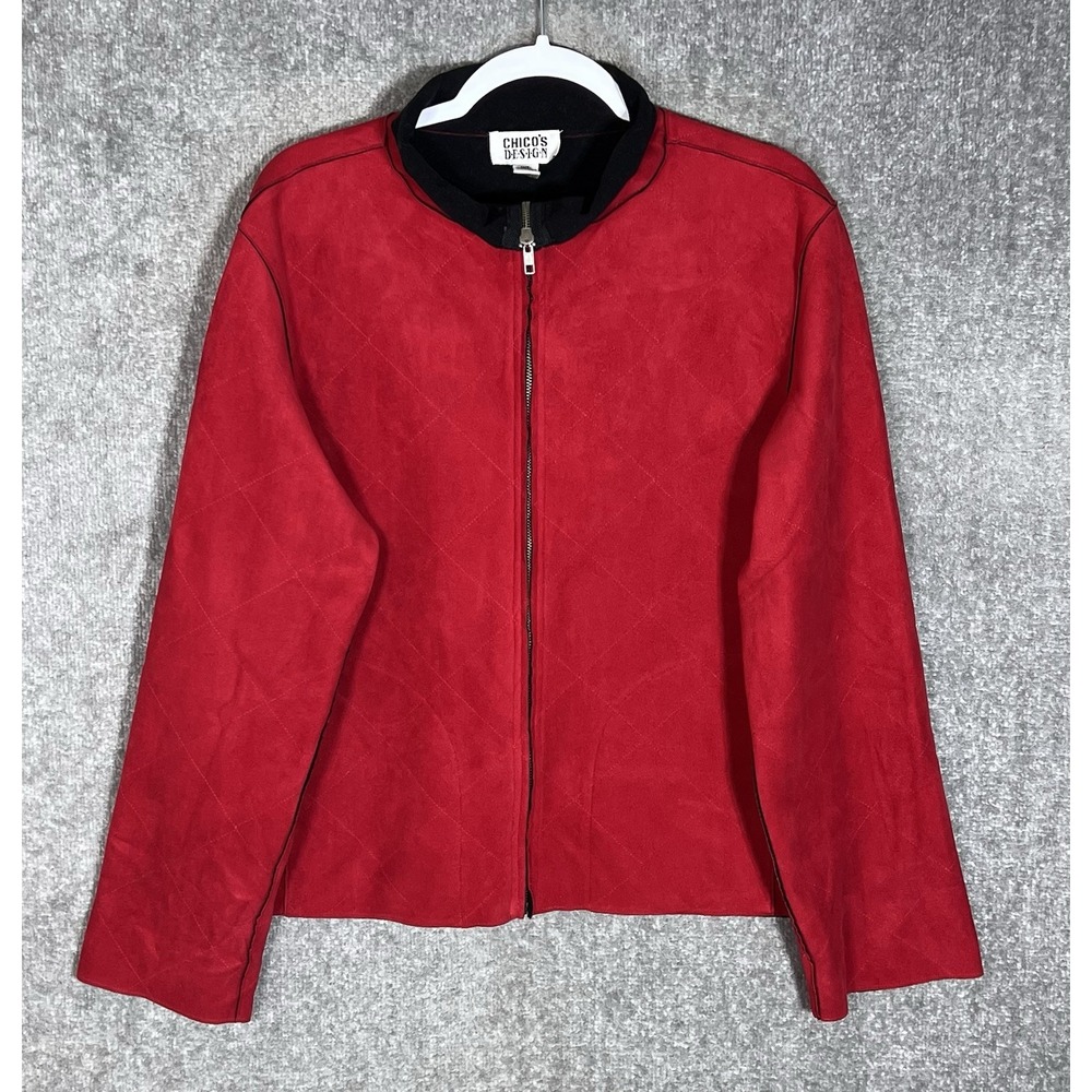 Vintage Chicos Design Faux Suede Quilted Jacket Womens Sz 2 US Sz L Red Pockets